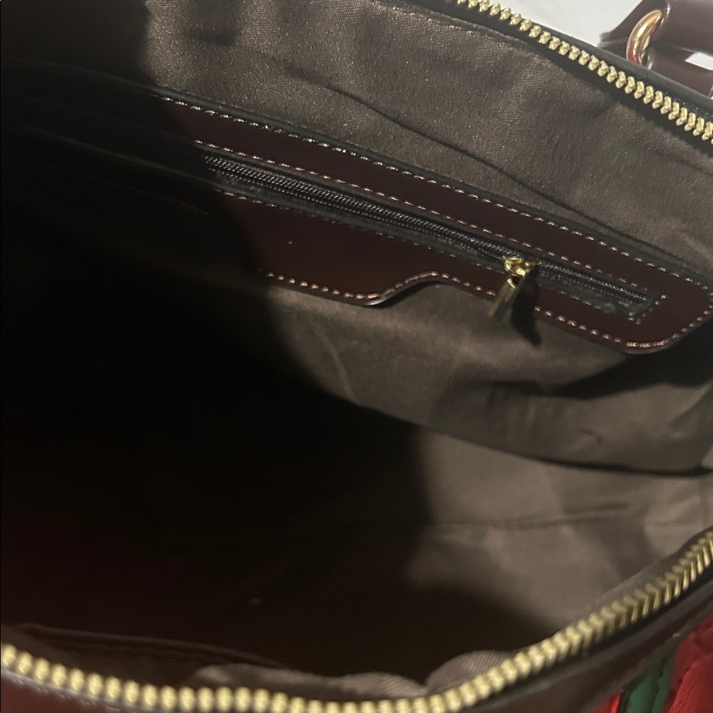 Red Embossed Satchel with Brown Handles and Stripe Detail - Picture 4 of 4